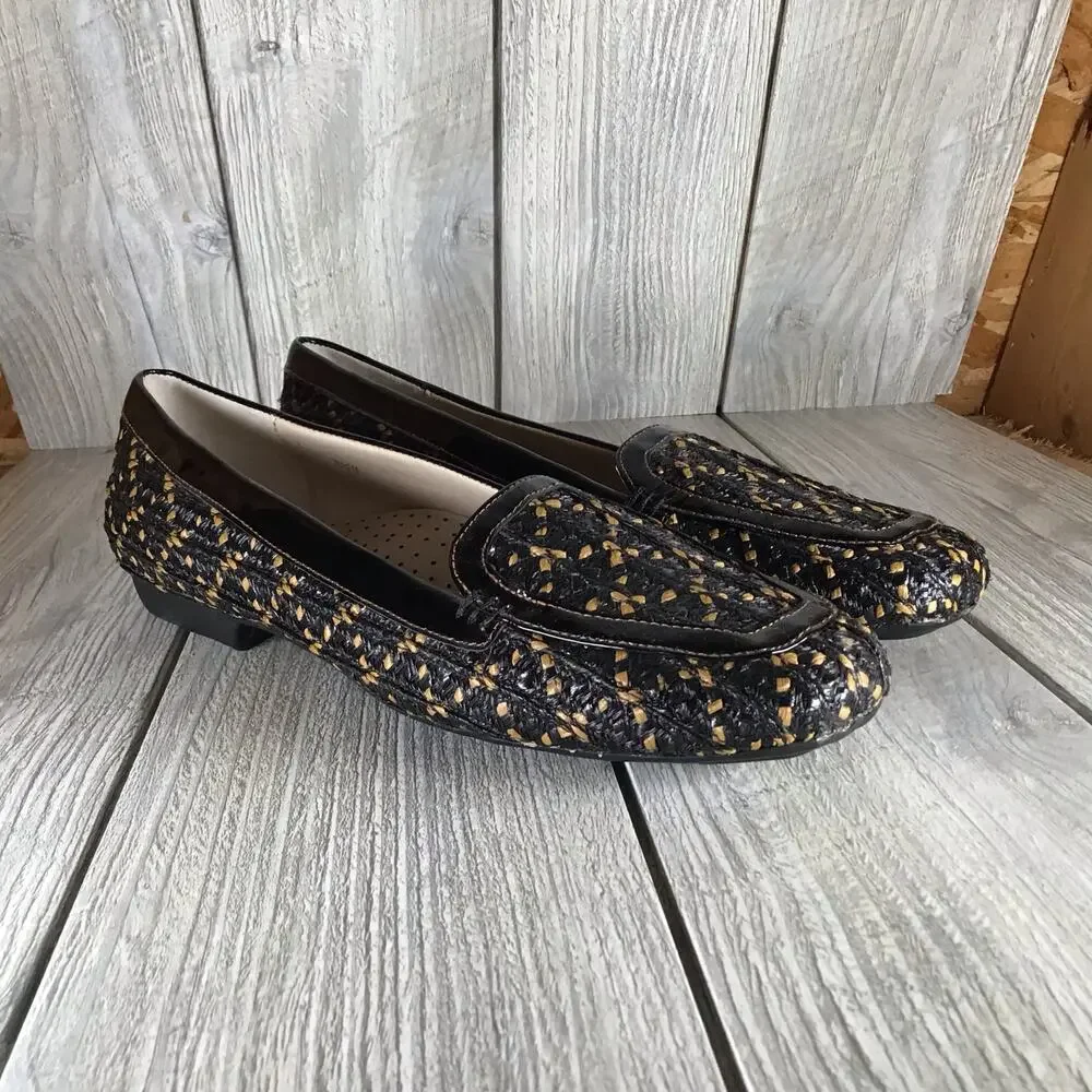 Eric Javits New York Oxford Black Patent Loafer with Tan Woven Mesh Toe 8.5